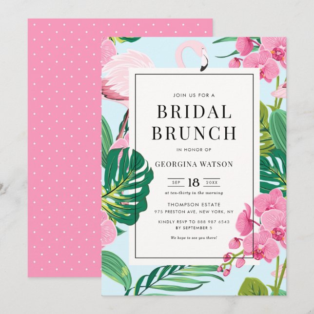 Invitation Brunch de mariage tropical au flamant rose et aux  (Devant / Derrière)