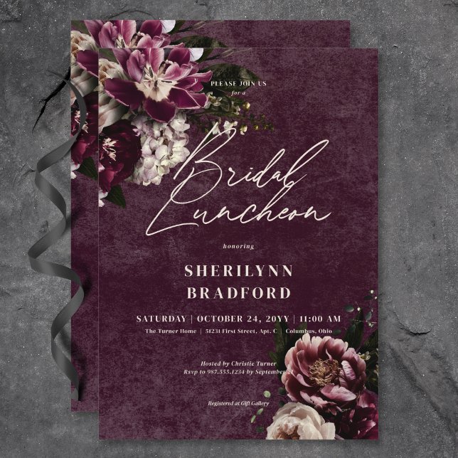 Invitation Brunch de mariée à la florale noire et blanche (Dark Elegant Burgundy & White Floral Bridal Brunch Invitation)