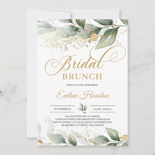 Invitation Brunch de mariée feuille d'or boho eucalyptus mode (Devant)