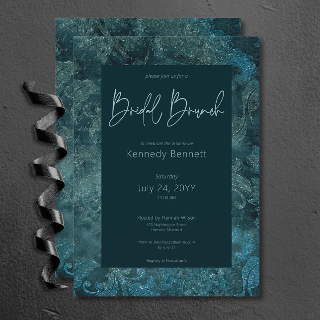 Invitation Brunch de mariée Turquoise damassé noir victorien (Dark Victorian Teal Damask Bridal Brunch Invitation)