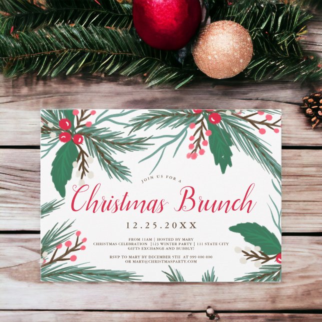 Invitation Brunch de Noël à l'aquarelle rouge vert mistletoe (Red green mistletoe watercolor Christmas brunch Invitation)