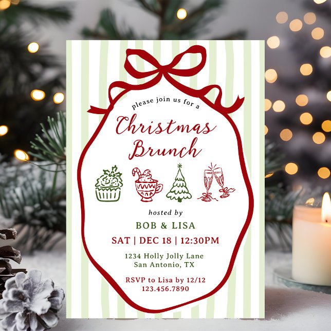 Invitation Brunch de Noël à rayures dessinées à la main avec  (Créateur téléchargé)