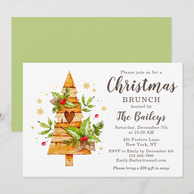 Invitation Brunch de Noël Arbre en Bois Rustique (Devant / Derrière)
