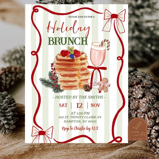 Invitation Brunch de Noël aux rayures vert sauge (Créateur téléchargé)