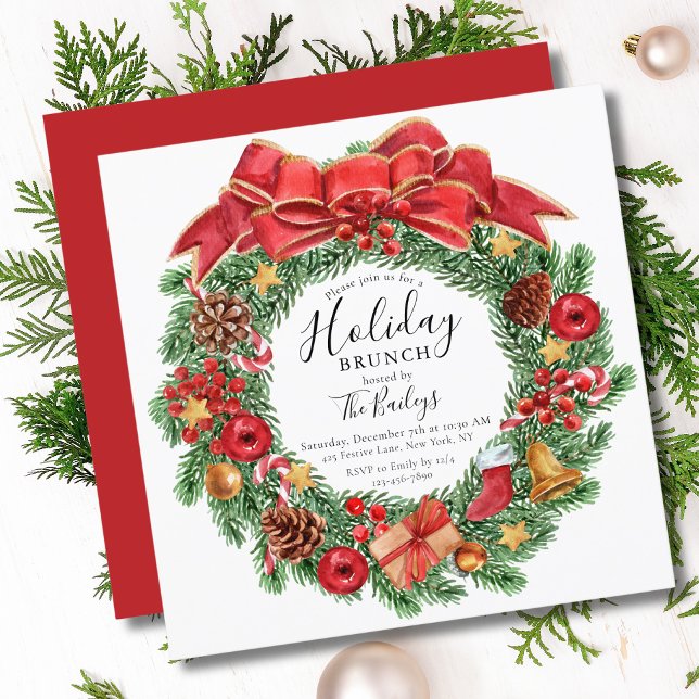 Invitation Brunch de Noël Couronne Florale Aquarelle (Créateur téléchargé)