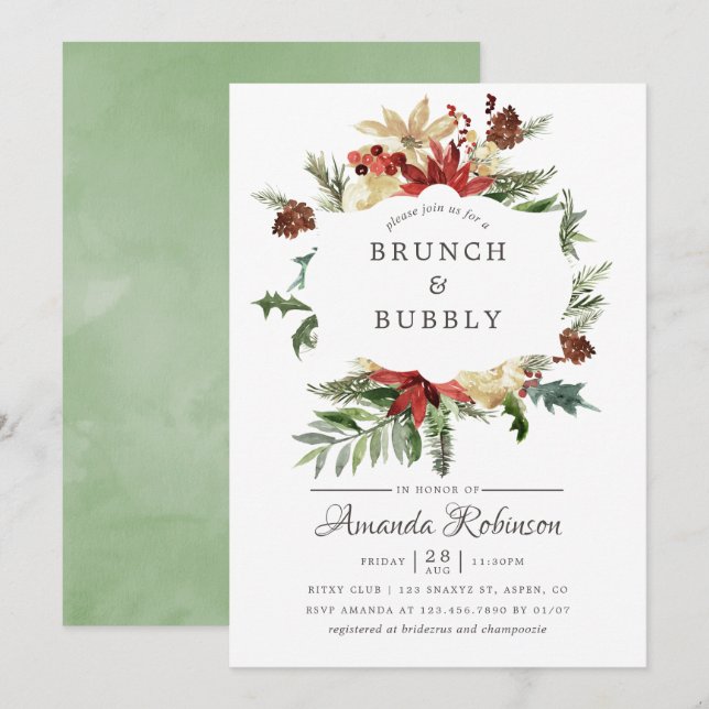 Invitation Brunch de Noël et pétillant en bois hivernal (Devant / Derrière)