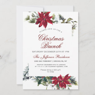 Invitation Brunch de Noël Rouge Poinsettia Aquarelle Florale