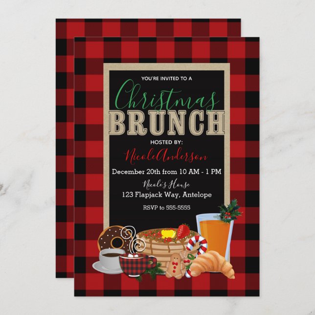Invitation Brunch de Noël Rustique Rouge Noir Buffalo Plaid (Devant / Derrière)