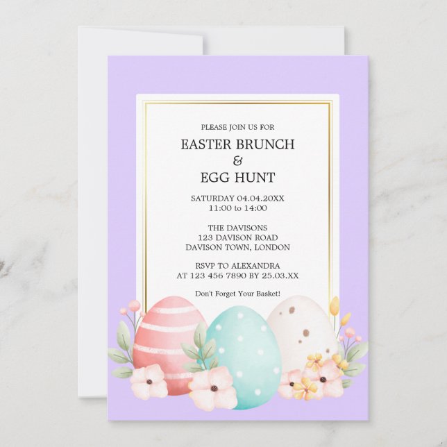 Invitation Brunch de Pâques aquarelle et chasse aux œufs (Devant)