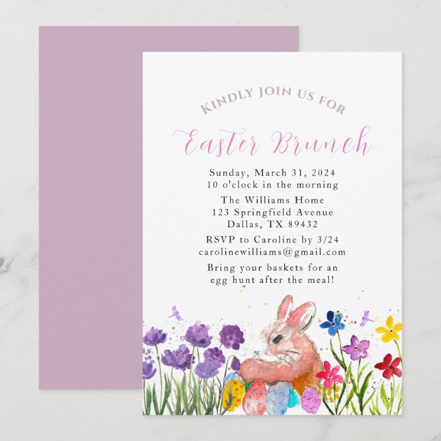 Invitation Brunch de Pâques Aquarelle Lapin Oeufs de lapin Fl (Devant / Derrière)