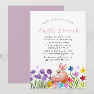 Invitation Brunch de Pâques Aquarelle Lapin Oeufs de lapin Fl