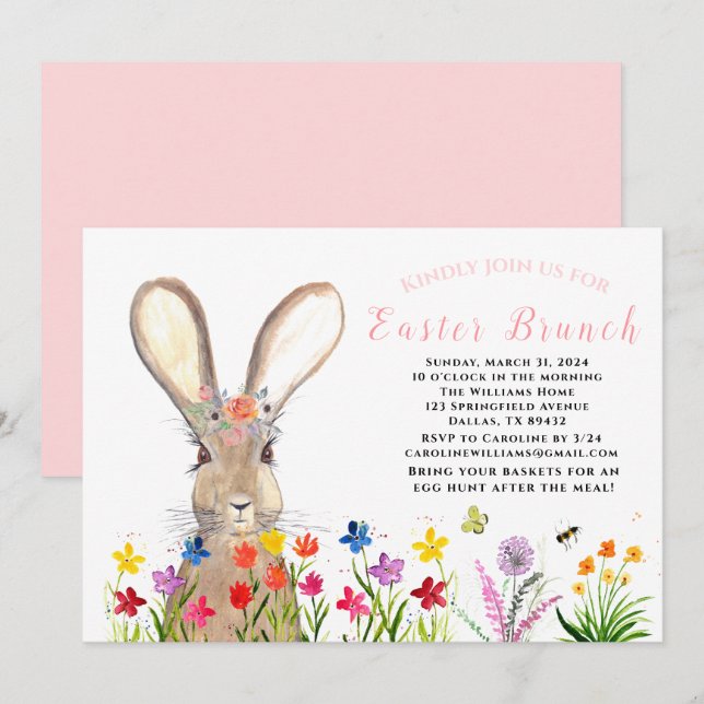Invitation Brunch de Pâques Aquarelle Lapin Oeufs de lapin Fl (Devant / Derrière)