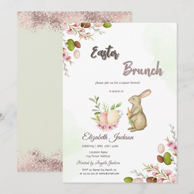 Invitation Brunch de Pâques Bunny et Bubbly à l'aquarelle (Devant / Derrière)