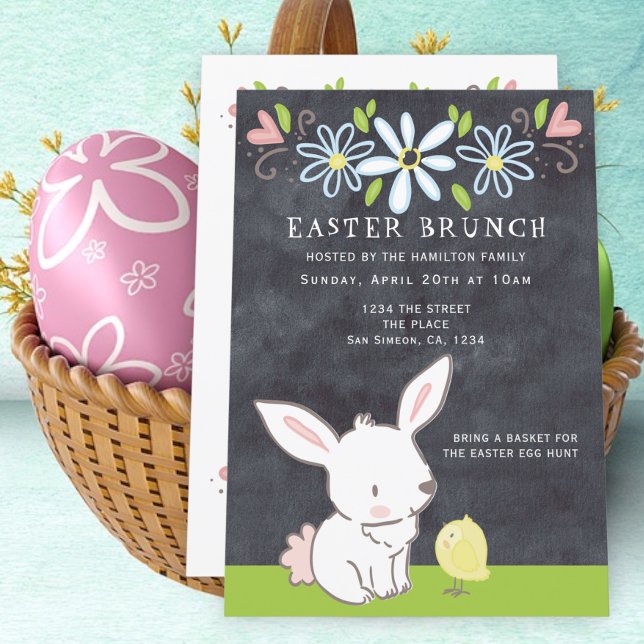Invitation Brunch De Pâques Bunny Et Poulette Avec Fleurs De  (Créateur téléchargé)