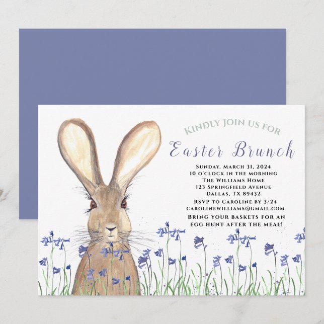 Invitation Brunch de Pâques Bunny Lapin Bluebells Floral (Devant / Derrière)