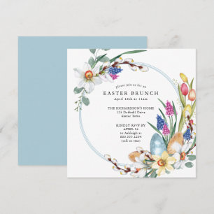 Invitation Brunch de Pâques carré jonquille et fleurs printan