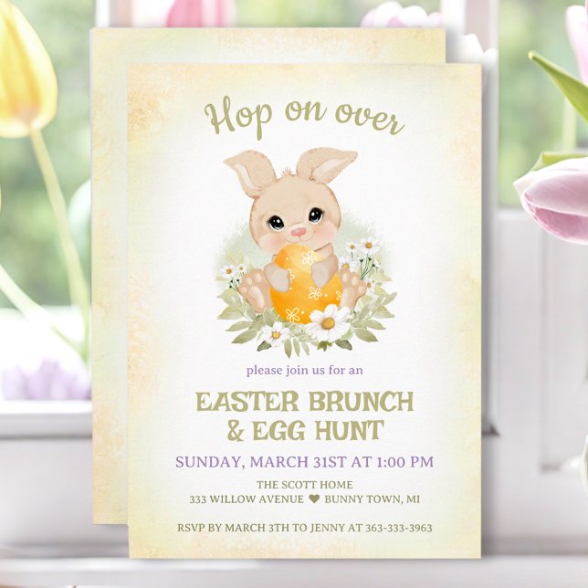 Invitation Brunch de Pâques Chasse aux Oeufs Lapin Jaune Cute (Easter Brunch Egg Hunt Yellow Cute Bunny Invitation)
