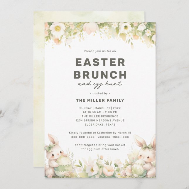 Invitation Brunch de Pâques Cute Pastel Bunny Aquarelle Flora (Devant / Derrière)