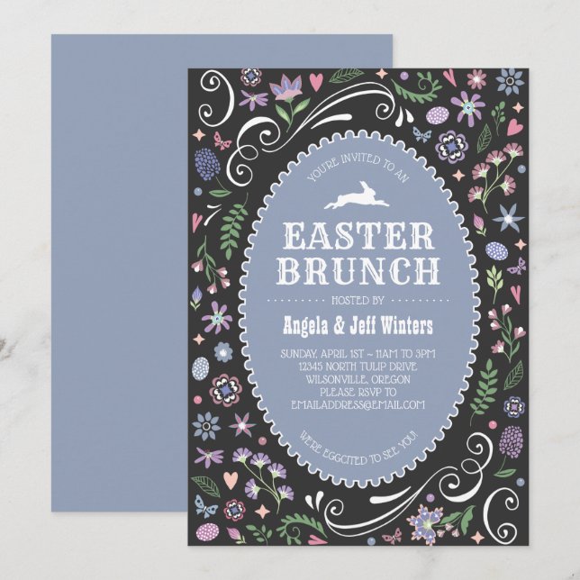 Invitation Brunch de Pâques dans floral violet (Devant / Derrière)