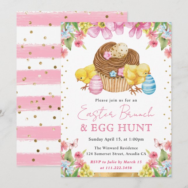 Invitation Brunch de Pâques de printemps avec poussins et gât (Devant / Derrière)