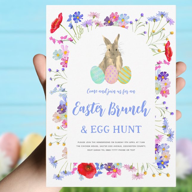 Invitation Brunch de Pâques et chasse aux oeufs (Easter brunch and egg hunt boho wildflower bunny invitation )