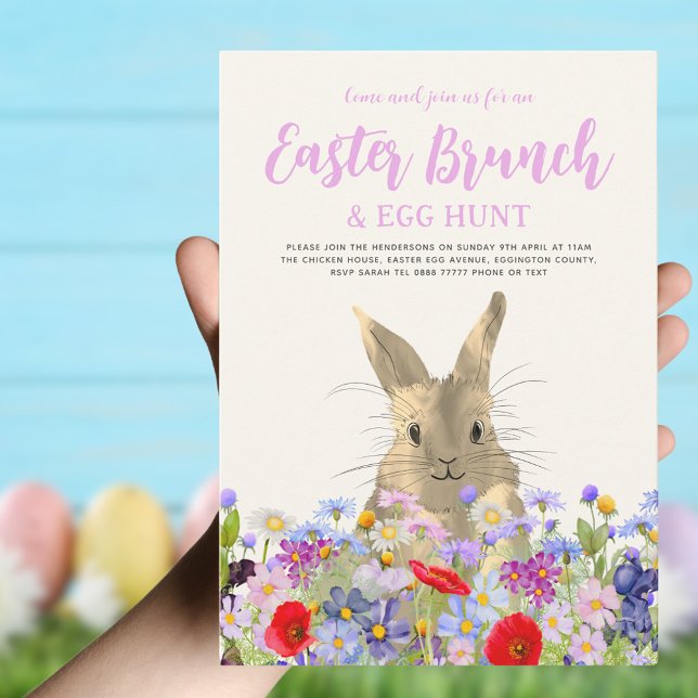 Invitation Brunch de Pâques et chasse aux oeufs Bunny Bunny B (Easter brunch and egg hunt boho wildflowers and bunny invitation)