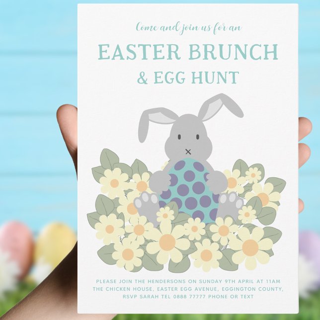 Invitation Brunch de Pâques et chasse aux oeufs Cute Bunny Fl (Easter brunch and egg hunt cute bunny spring floral invitation yellow purple teal green)