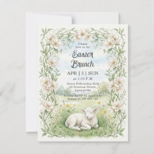 Invitation Brunch de Pâques Floral Agneau Aquarelle Vintage