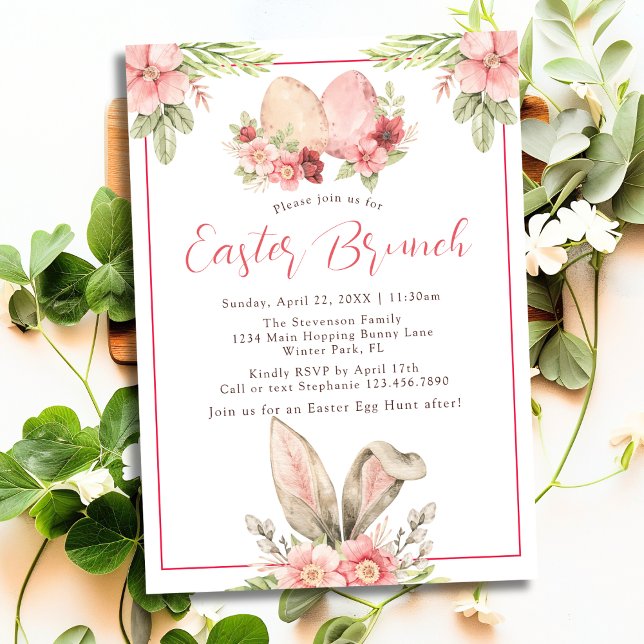 Invitation Brunch de Pâques Floral aux Oreilles de Lapin Past (Créateur téléchargé)