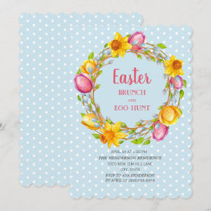 Invitation Brunch de Pâques Floral Bleu Rose Jaune Chasse aux