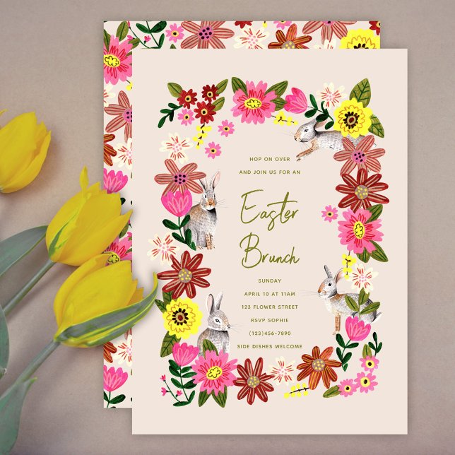 Invitation Brunch de Pâques Lapin Floral Jardin de Printemps (Floral Bunny Easter Brunch Spring Garden Invitation)
