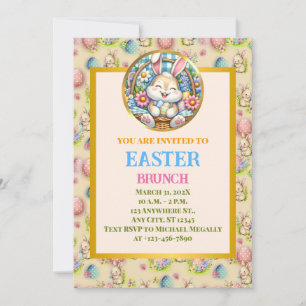 Invitation BRUNCH DE PÂQUES, Lapin Mignon, Œufs et Fleurs