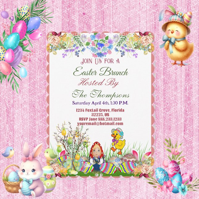 Invitation Brunch de Pâques Poupée d'Oeufs Décoratifs Flore d (Easter Brunch Decorative Egg Doll Chick Tree Flora Invitation)