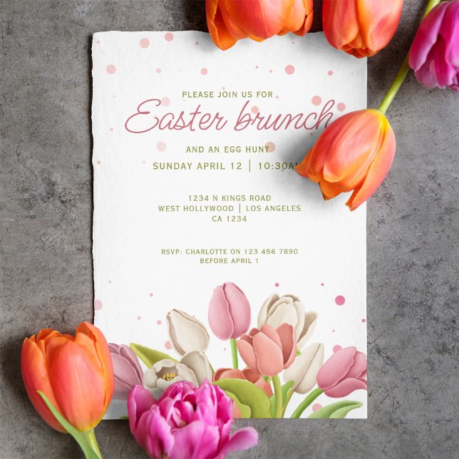 Invitation Brunch de Pâques Tulipes blanches roses Fleurs de  (Easter Brunch Pink White Tulips Spring Flowers Invitation by Ricaso. Easter egg hunt and brunch card)