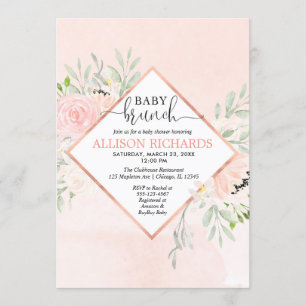 Invitation Brunch de petite fille à fleurs d'or rose rose rou