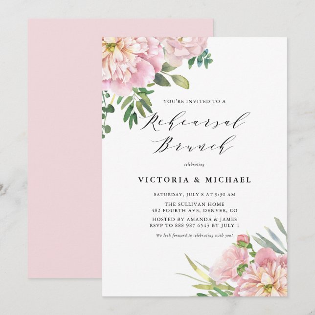 Invitation Brunch de répétition Roses et Hydrangeas Roses Ros (Devant / Derrière)