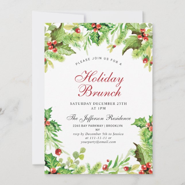 Invitation Brunch de vacances Red Holly Berry Noël (Devant)