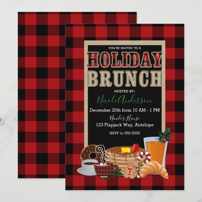 Invitation Brunch de vacances Rustic Red Buffalo noir Plaid (Devant / Derrière)
