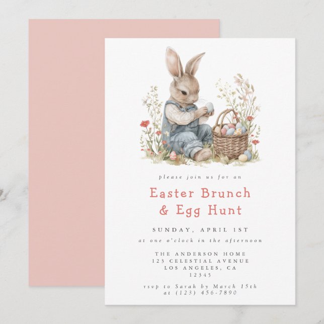 Invitation Brunch du lapin de Pâques à l'aquarelle et chasse  (Devant / Derrière)