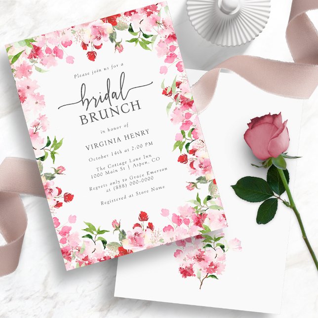 Invitation Brunch Élégant de Mariage Floral (Elegant Red and Pink Bridal Brunch Invitation - Watercolor Red and Pink Floral)
