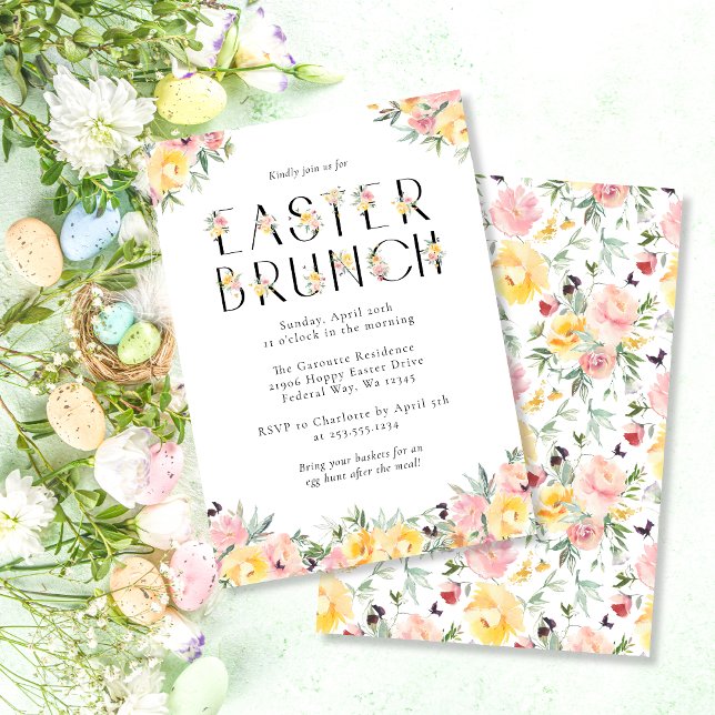 Invitation Brunch élégant de Pâques avec fleurs à l'aquarelle (Elegant Watercolor Floral Easter Brunch Invitation)