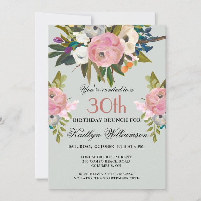 Invitation Brunch Élégant Fleurs Peintes à la Main 30e Annive (Devant)