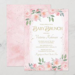 Invitation Brunch élégant pour bébé aux fleurs aquarelles ros