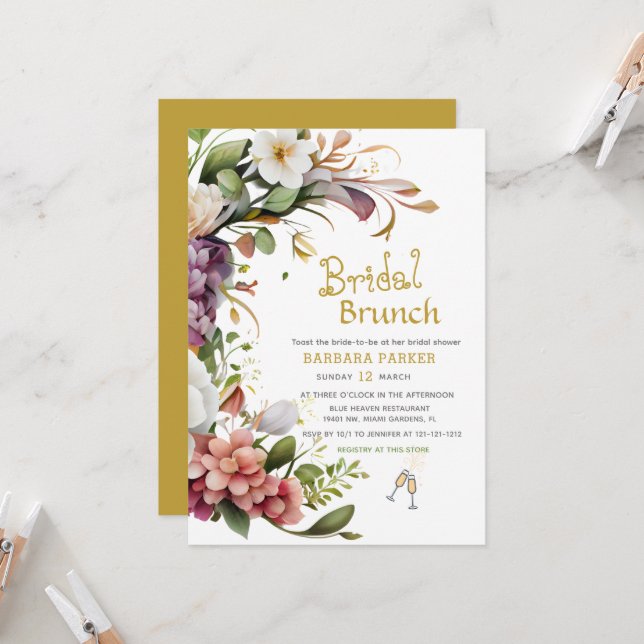 Invitation Brunch en fleurs : Une Fête des mariées fêtée Invi (Devant/Arrière en situation)