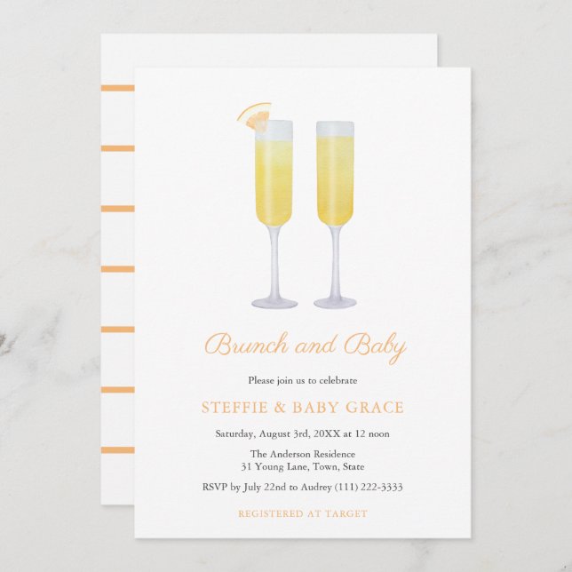 Invitation Brunch et bébé Mimosas Douche ou Sip & See (Devant / Derrière)