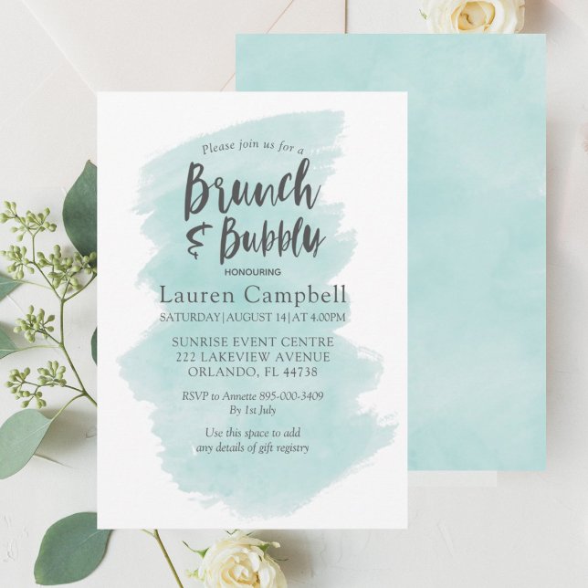 Invitation Brunch et Bubbly à l'aquarelle sarcelle moderne (Créateur téléchargé)