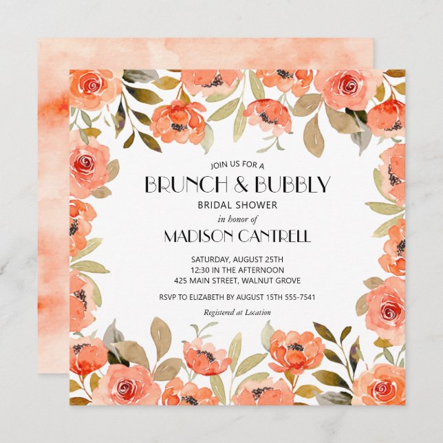 Invitation Brunch et Bubbly Aquarelle Fête des mariées floral (Devant / Derrière)