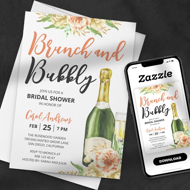 Invitation Brunch et Bubbly Aquarelle Florale Enterrement de  (Créateur téléchargé)