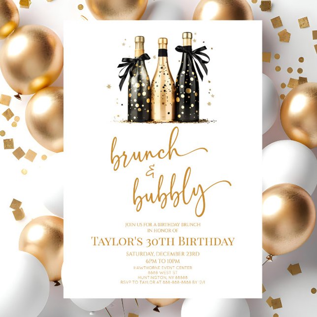 Invitation Brunch et Bubbly Black Gold Birthday Brunch Party (Créateur téléchargé)