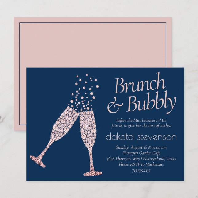 Invitation Brunch et Bubbly | Bleu bleu marine Douche rose (Devant / Derrière)